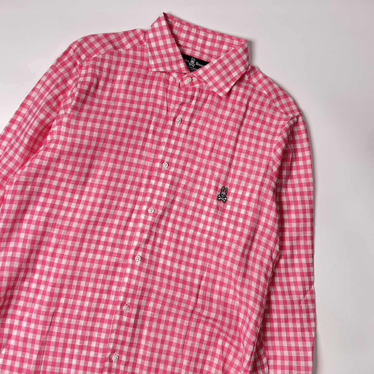 リネン100% Psycho Bunny サイコバニー ギンガムチェック 長袖シャツ 44/ピンク系 メンズ ゴルフ