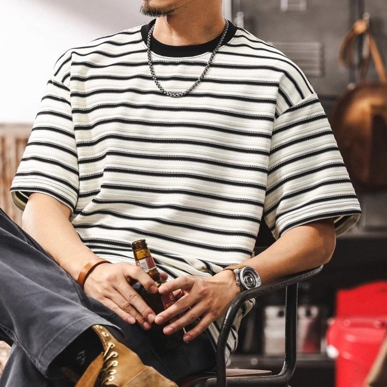 パッチボタンボーダーTシャツ 10118