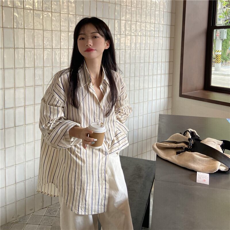 ルーズシャツ オータムストライプスタンダードスタイルジャケット ロング レトロ 秋物 モンロー55387512305