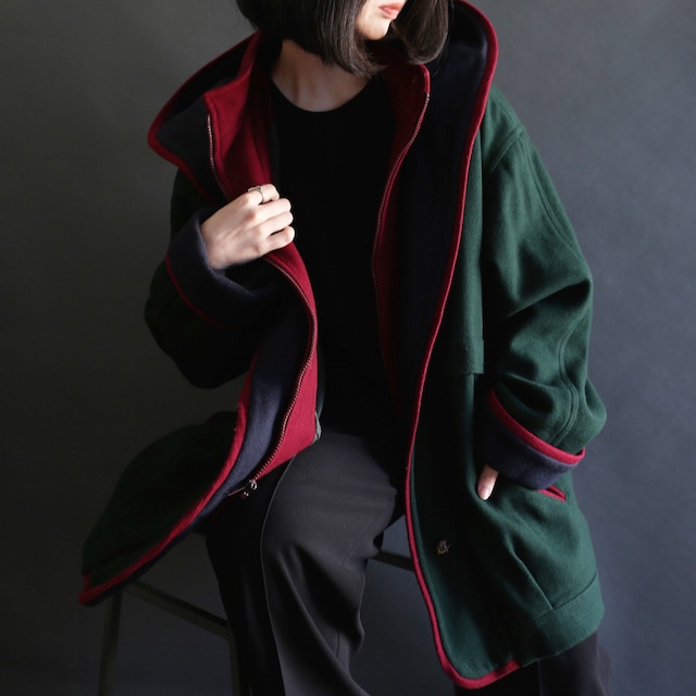 zip and button high-neck hooded wool coat