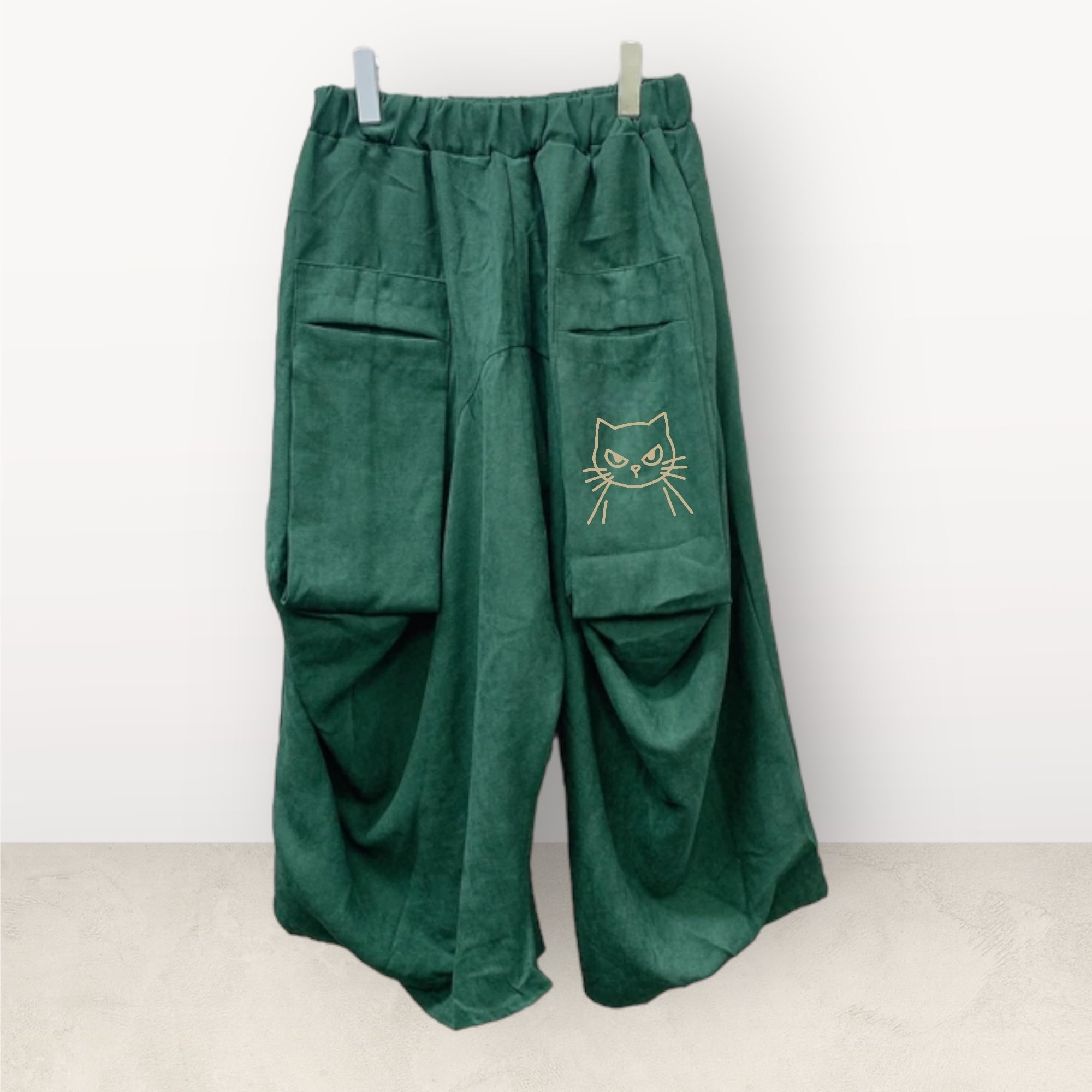 再入荷 レディースフリーサイズ 秋冬生地ピーチスキンフラップポケットサルエルパンツ ダークグリーン