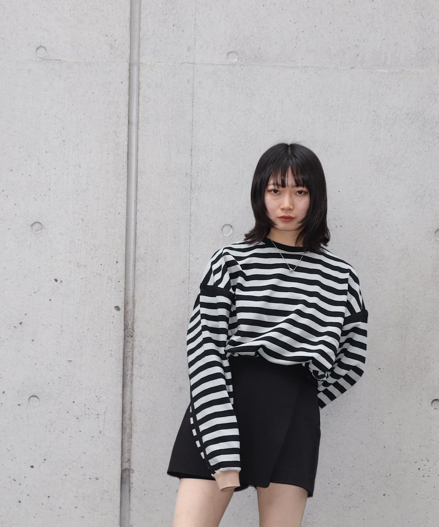 ATELANE Ribbed Color Border Long Tee/Heavyweight (BLK/GRY) 25A-24041