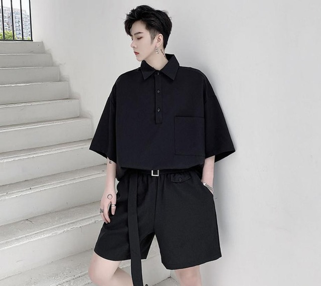 送料無料 夏 オーバーサイズ ワイド ポロシャツ 半袖 Tシャツ ブラック ショートパンツ ガタ ベルト 2セット Kkt Hiro