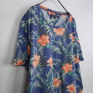 トミーヒルフィガー　クルーネック　Tシャツ　半袖　花柄　刺繍ロゴ　ネイビー　XL