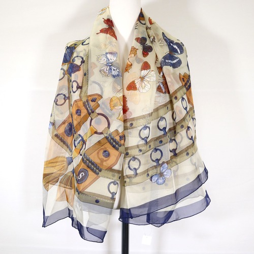 美品 HERMES エルメス シフォン モスリン カレ140 カレジェアン 天地の踊り Farandole des Champs シルク 大判ショール 0469