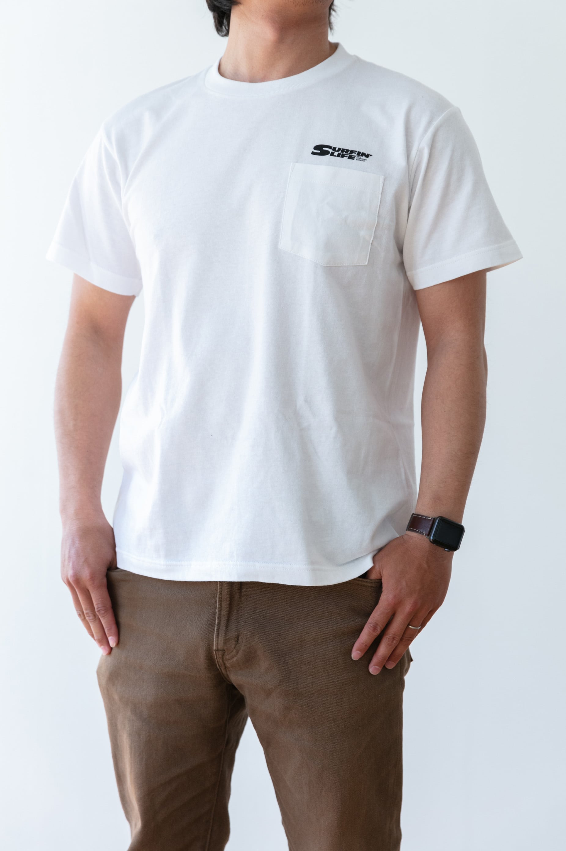 SURFIN' LIFEオリジナル ポケットTシャツ／SURFIN'LIFEロゴ（ホワイト