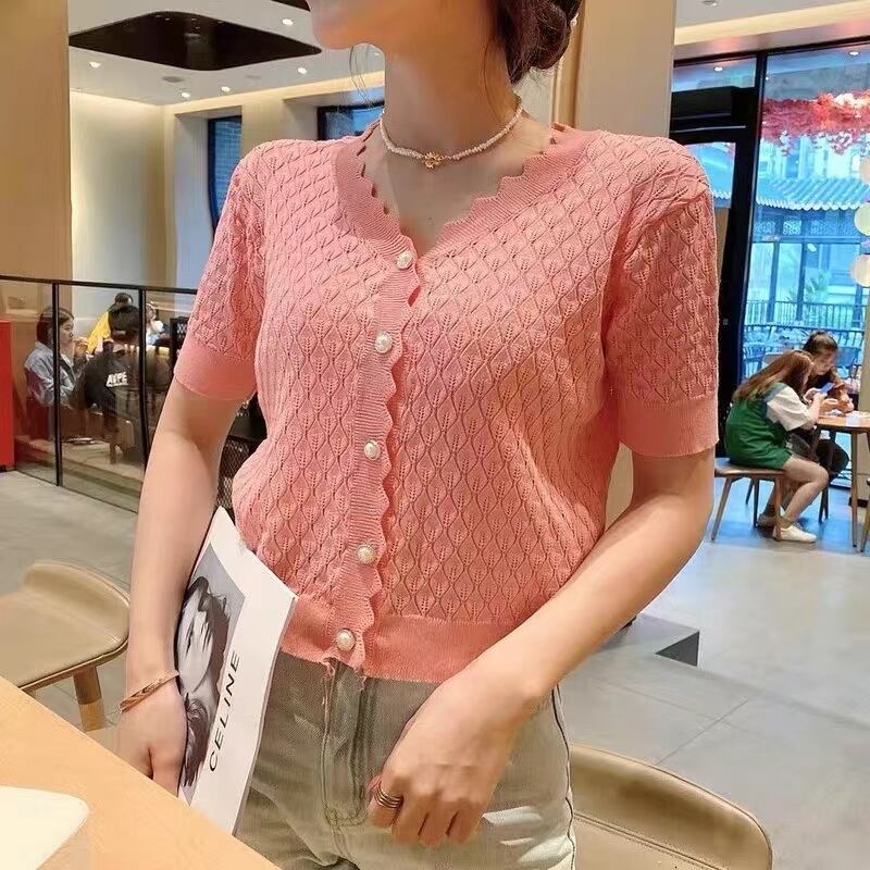 パールボタン5部袖レトロカーディガン　AJ111-5017