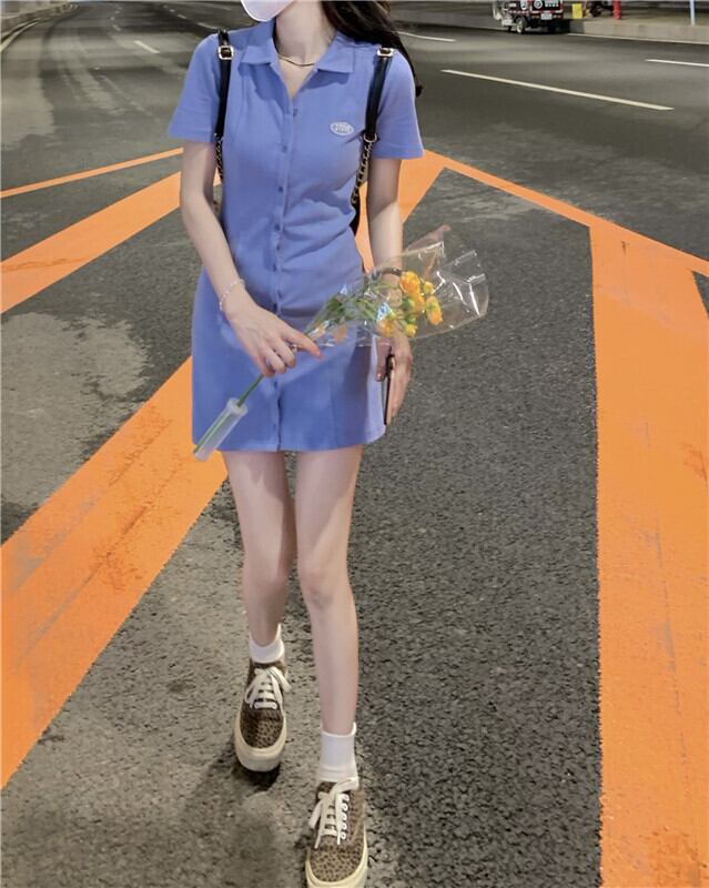 サマーブルーウェストドレス スカート 大人ガーリー スウィート キュート カジュアル 夏物 モンロー72137687763