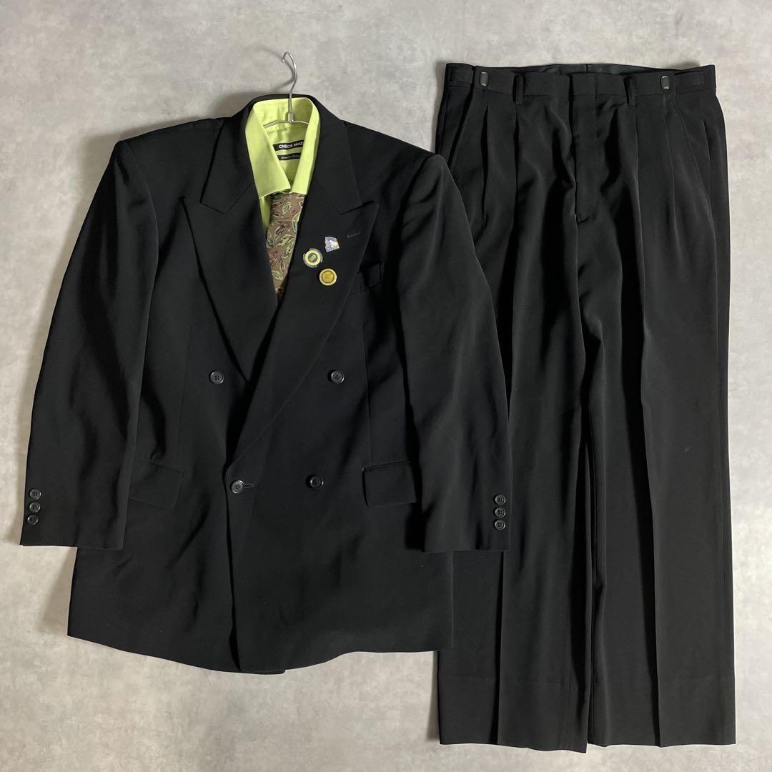 80s-90s スーツ ダブル セットアップ成人式vol.202ブラックグリーン