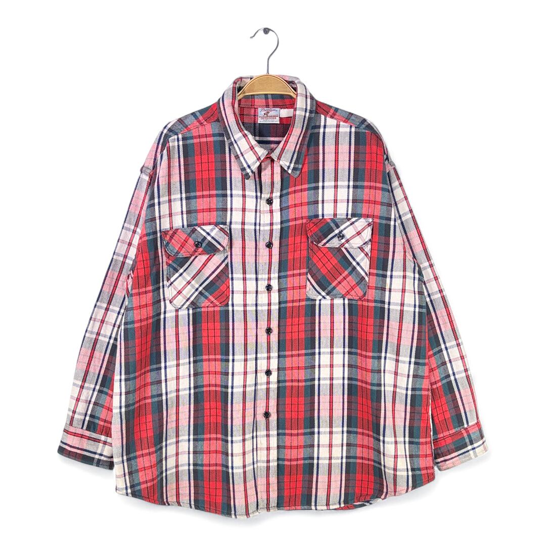 80s プレンティス USA製 ヴィンテージネルシャツ ヘビーフランネル レッドベース PRENTISS サイズXL相当 古着 @CA1478