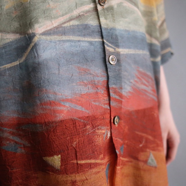 ”皺” fabric gradation art color pattern loose h/s see-through shirt