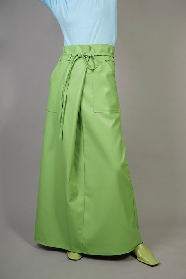 FAUX LEATHER WRAP FLARE SKIRT (GREEN) 2203-96-HK97
