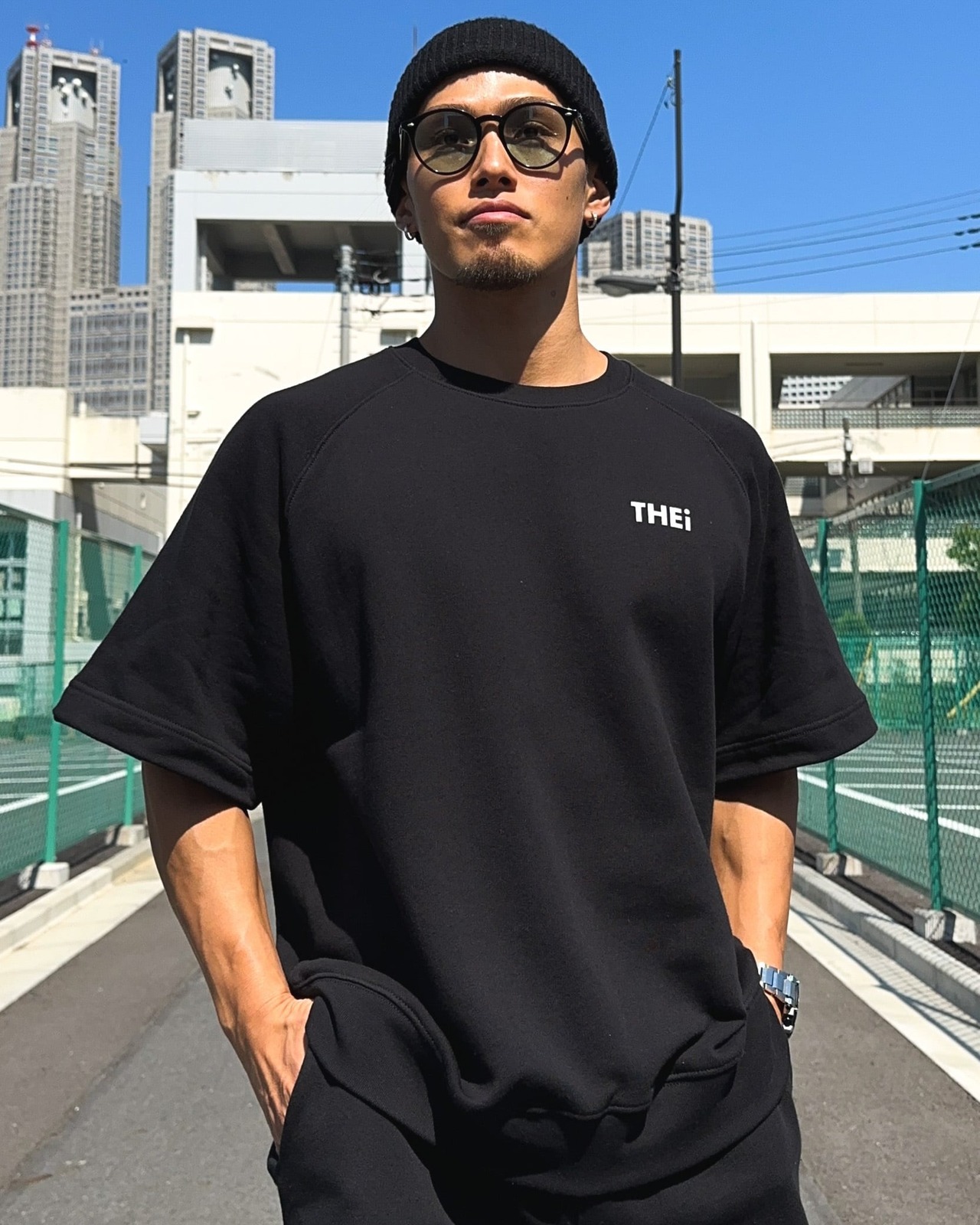 BASIC ONE POINT LOOSE FIT SWEAT T-SHIRT - BLACK