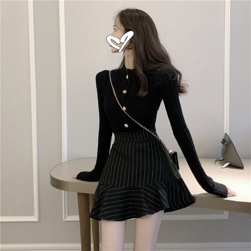 ストライプスカート ハイウェストウェスト薄手スプリングブラックスタンダードAライン レトロ 春物 ブラックストロベリース93420554433