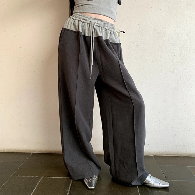 two-tone drawstring high waist wide pants　L0617