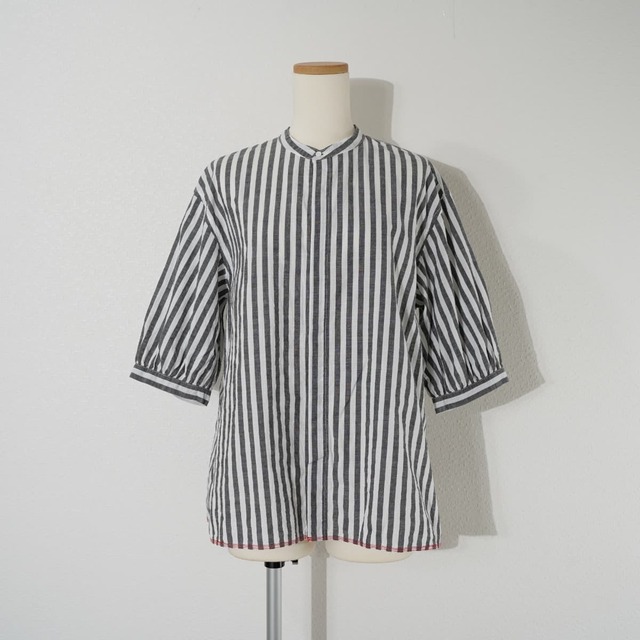 NATURAL LAUNDRY ナチュラル ランドリー N/L コードシャンブレー プランプスリーブ シャツ ブラウス ノーカラー ストライプ 七分袖 ロング丈