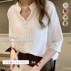 【シンプルデザインでオンオフ問わず着られる★スキッパーブラウス】Vネックスキッパーブラウス4カラー
