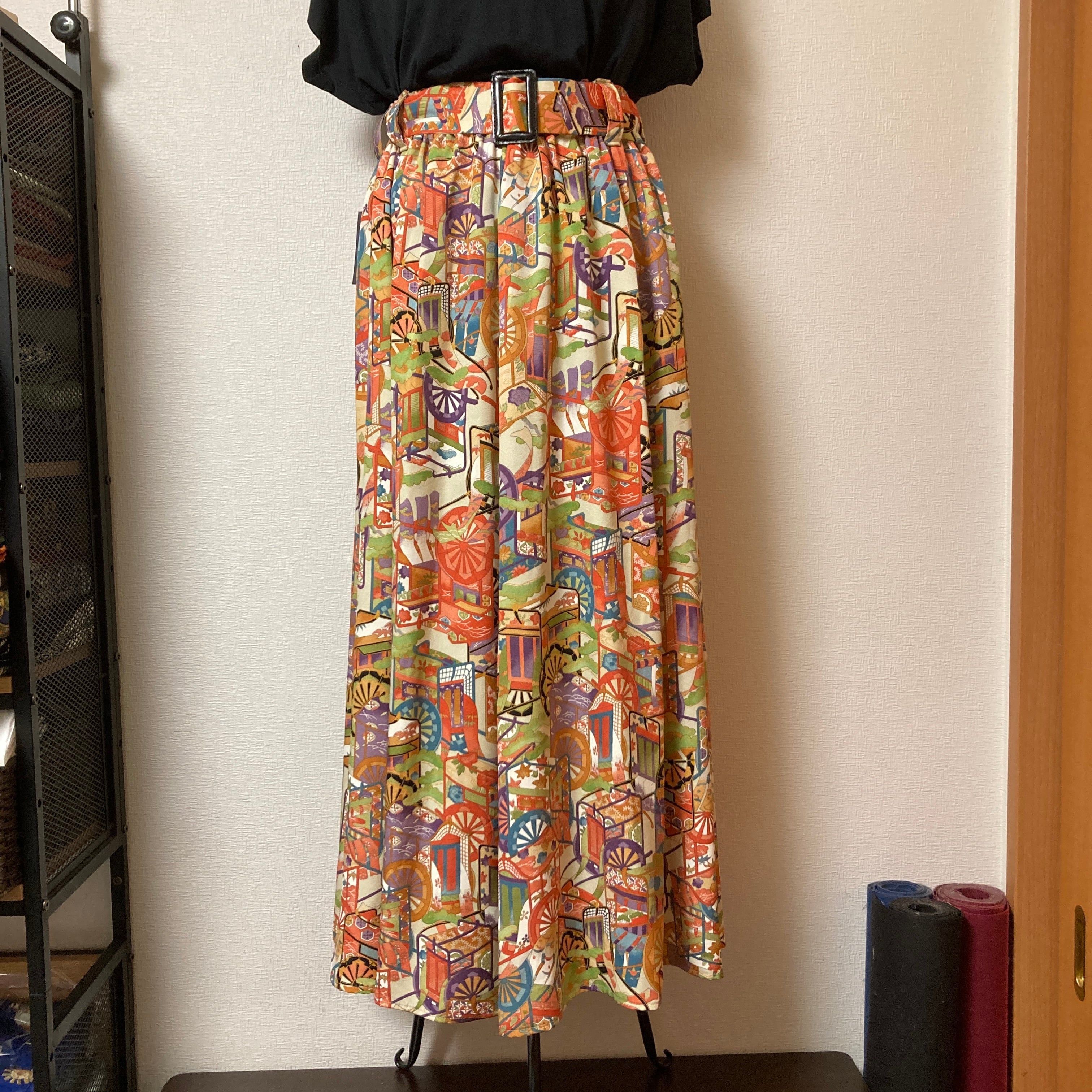 着物リメイクギャザーロングスカート - kimono elastic waist 着物リメイクギャザーロングスカート - kimono elastic waist