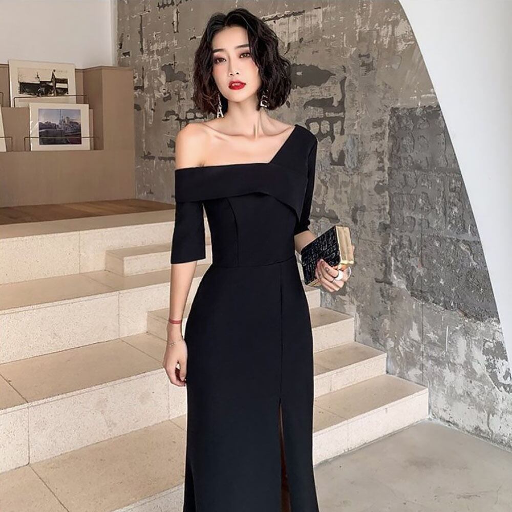 ワンショルダースリットロングドレス ワンピース ブラックドレス