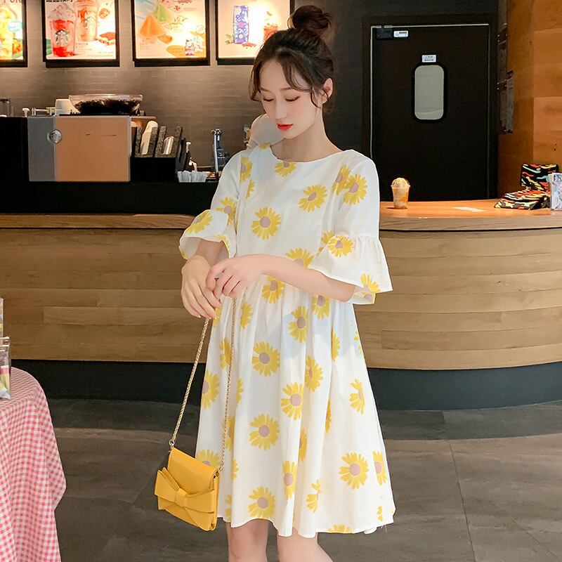 【新作】【送料無料】 マタニティウェア2020夏の新しい綿とリネンの小さな菊の授乳ドレス中程度の長さの産後の授乳ドレス-アリババ コットン サマー 夏物 expec283064776661