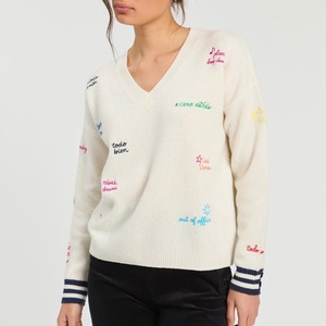 VILAGALLO オフホワイトVネックフレンチメッセージ刺繍ウールニットSPAIN:VIL341241¥42.000＋tax