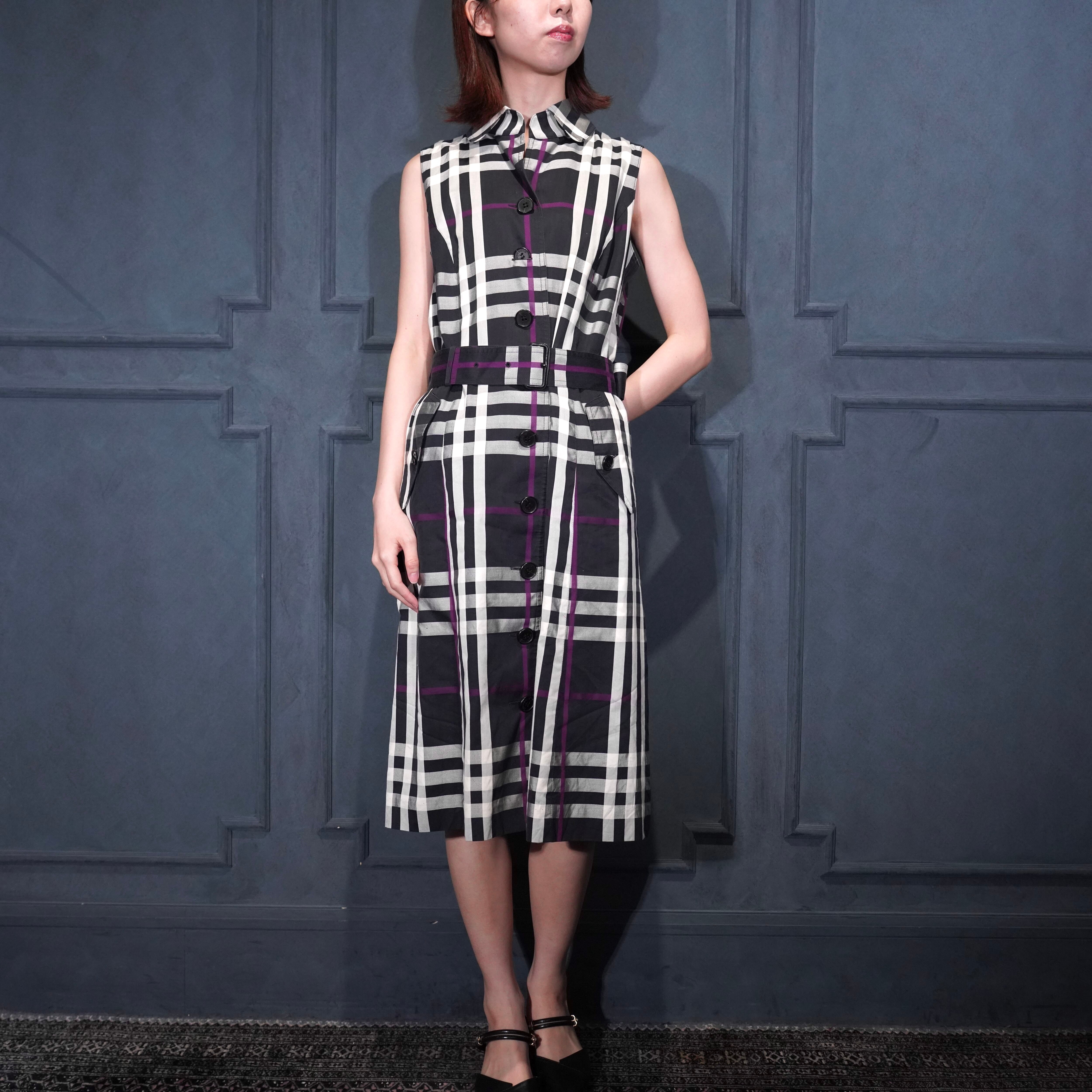 BURBERRY LONDON CHECK PATTERNED BELTED DESIGN NO SLEEVE ONE PIECE