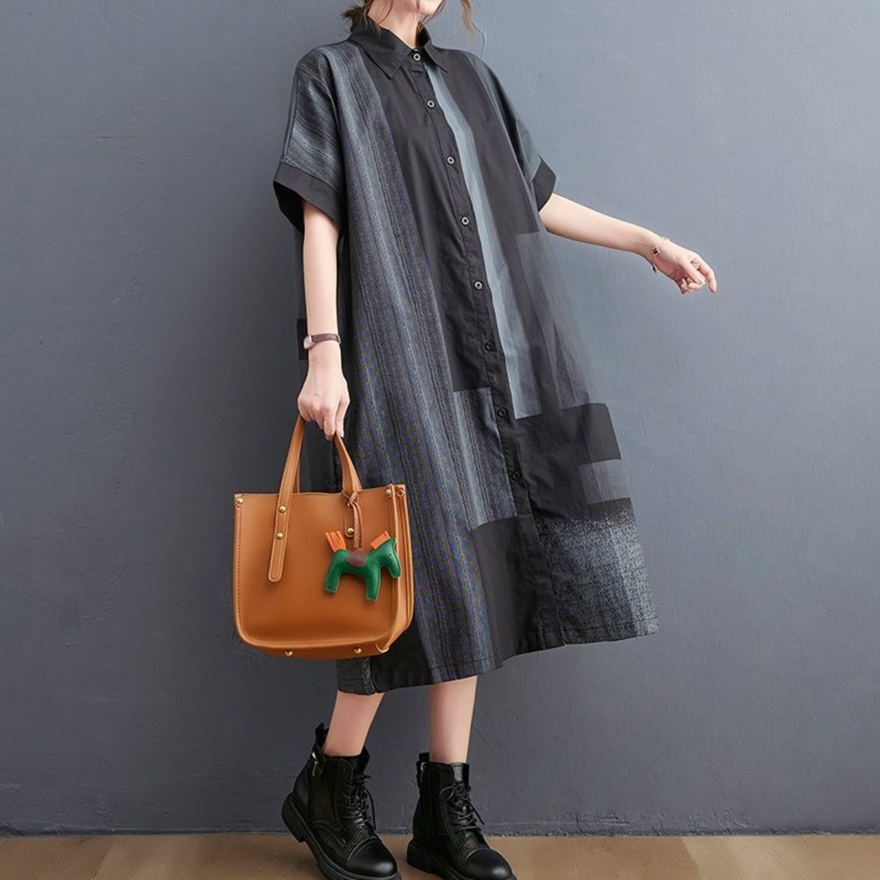 配色パッチワーク シャツワンピース  30006