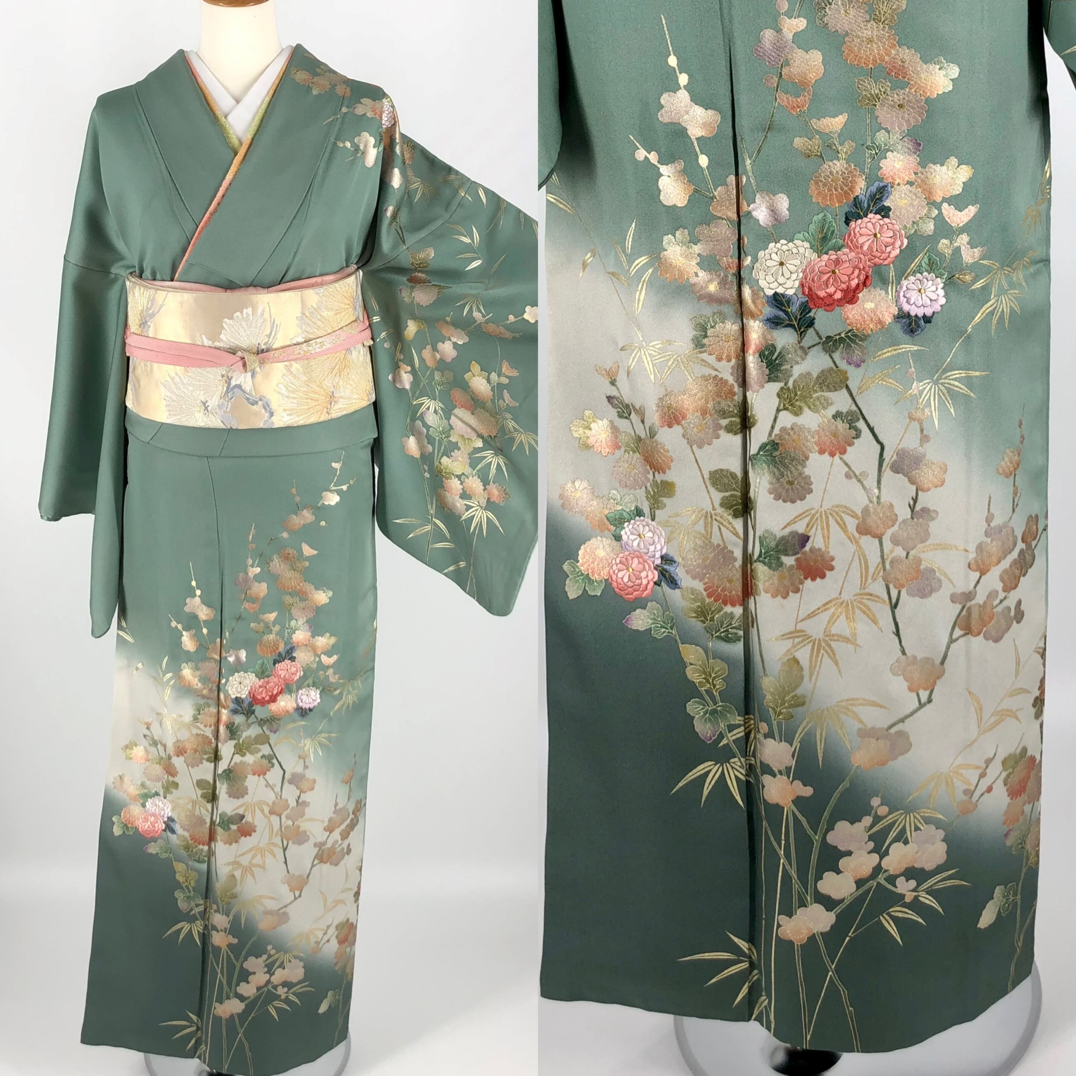 真の日本再生！訪問着▫わさび色にモスグリーンのぼかし花唐草模様▫肩 