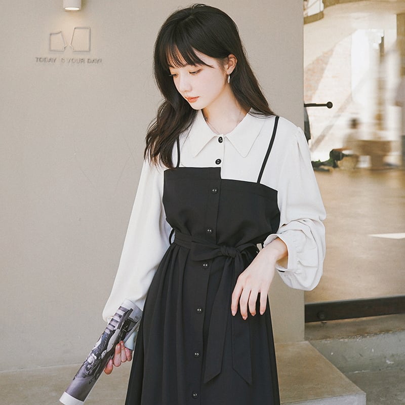 サブカル 服 地雷系 通販 フェイク ツーピース ワンピ ハイウエスト リボン Aライン ロング丈 かわいい レトロ 量産型