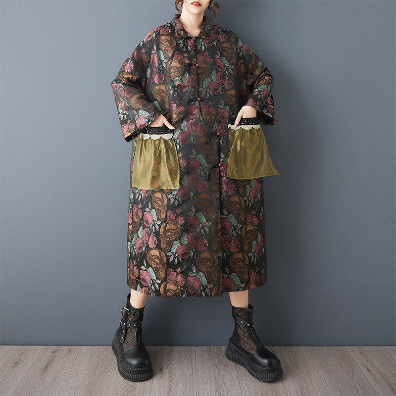 FLORAL JACQUARD OVERSIZED CONTRAST POCKET COAT M-18409