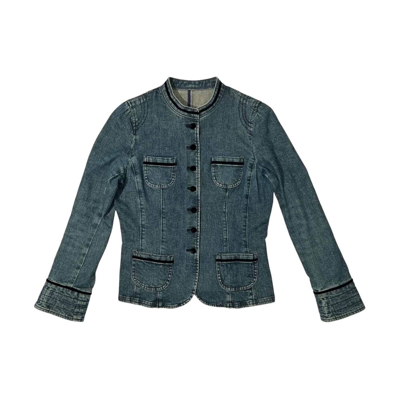 Leilian レリアン ノーカラー デニム ジャケット サイズ 9 /ベロアくるみボタン/インディゴ/レディース