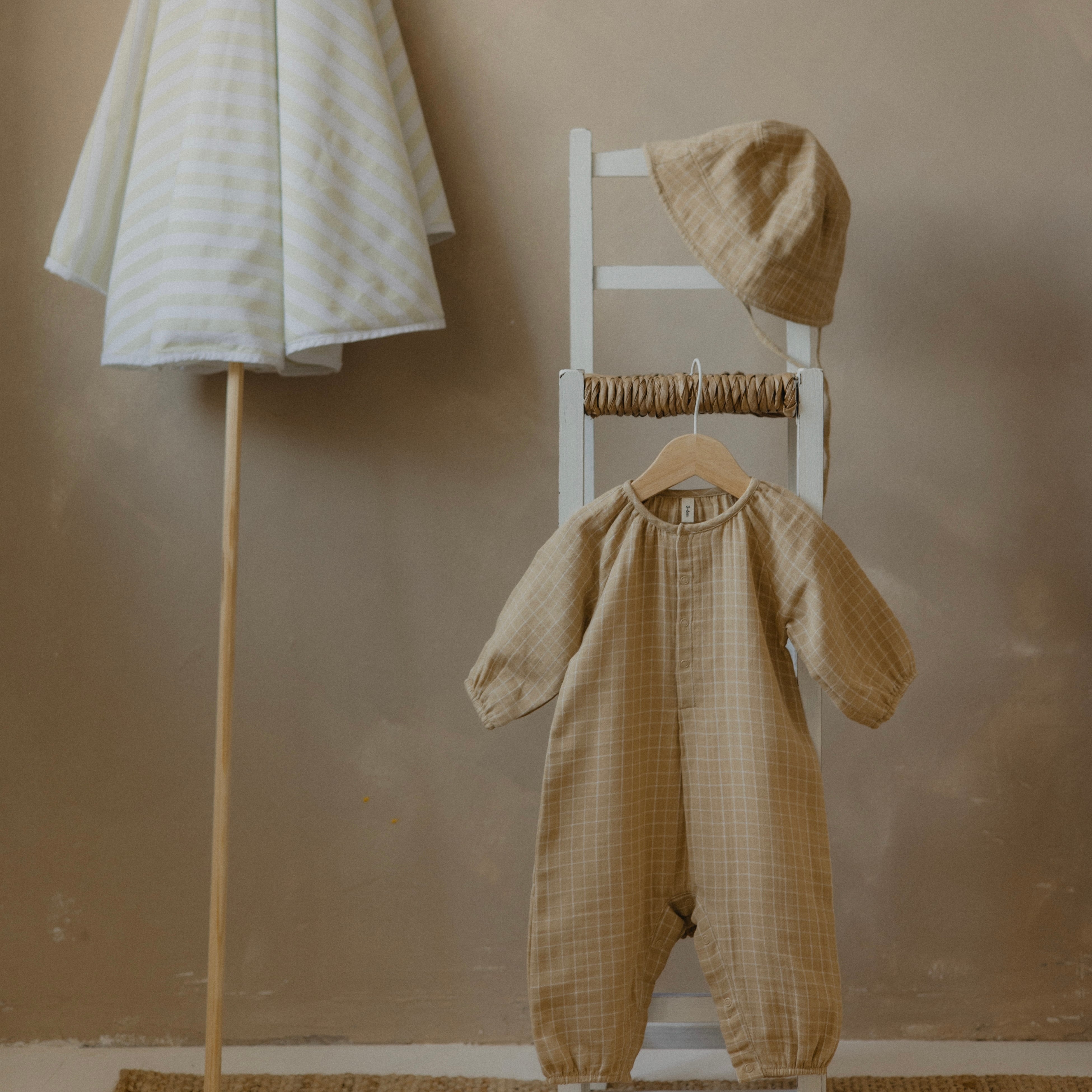 即納】ORGANIC ZOO / GRID CHECK WHEAT ONESIE | MERINO