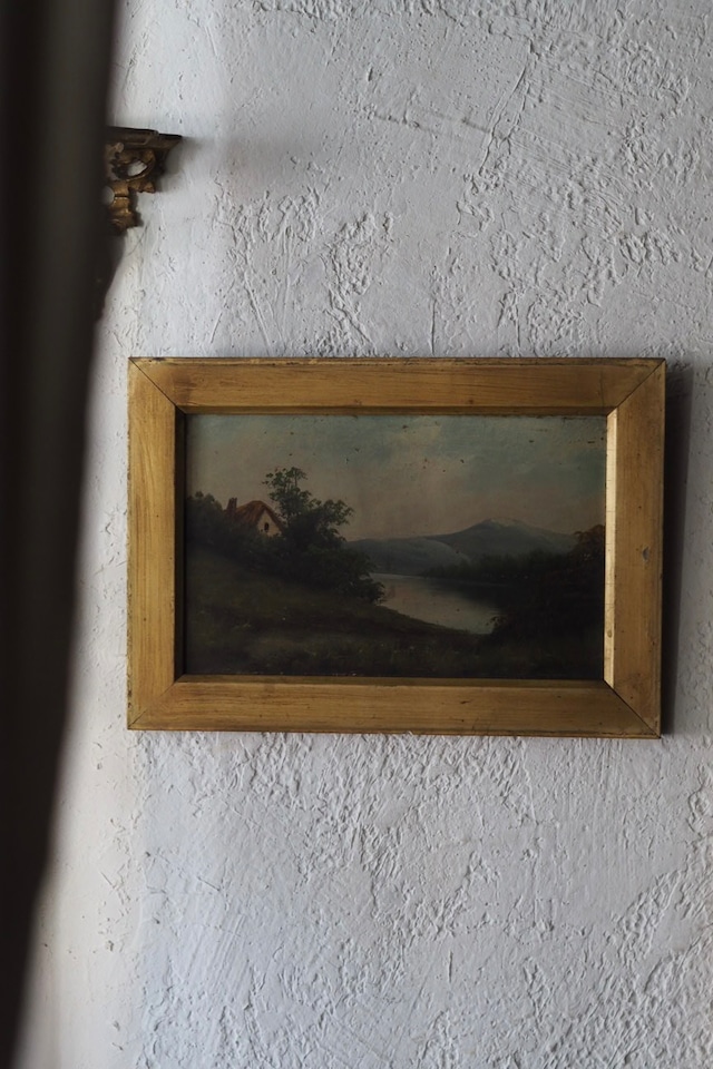 油絵/湖畔の避暑地、茅葺屋根の家-antique oil painting frame