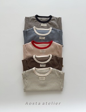 【Aosta】MomentボーダーリブTシャツ くすみブルー 70~90cm