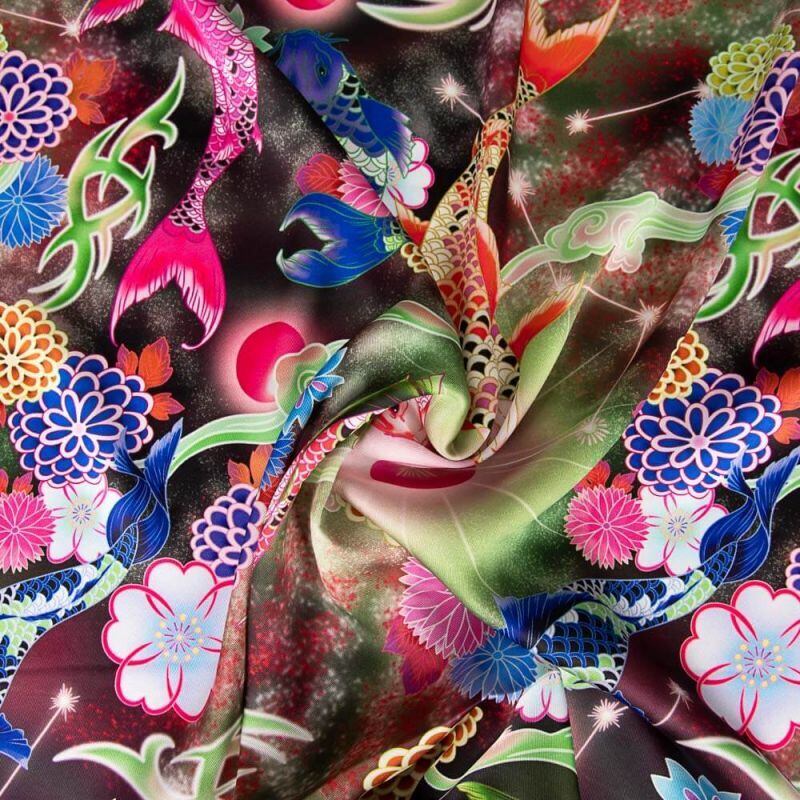 サテン生地 / サイケデリック 鯉 / マルチカラー | 胡桃227 - 輸入