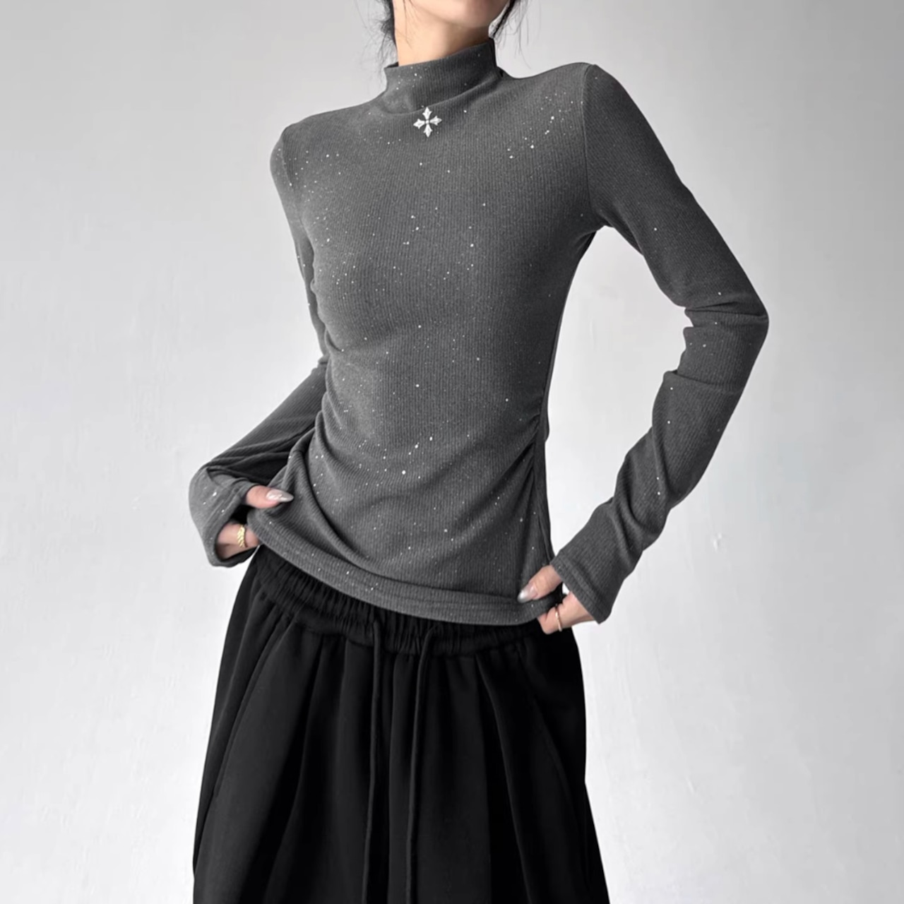 Winter Long Sleeve T-Shirt, Sparkly Mock Neck Slim Fit Top (ME295)