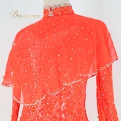 社交ダンス 衣装 スタンダードドレス ワンピース ドレス スタンダード フリル レース デモ 競技 ダンス パーティ 発表会 ボリューム 朱色 赤 白 ホワイト系 レッド系 オレンジ系 可愛い ダンス発表会 ドレスアップ 競技用衣装 女性用ドレス パーティードレス 高級感