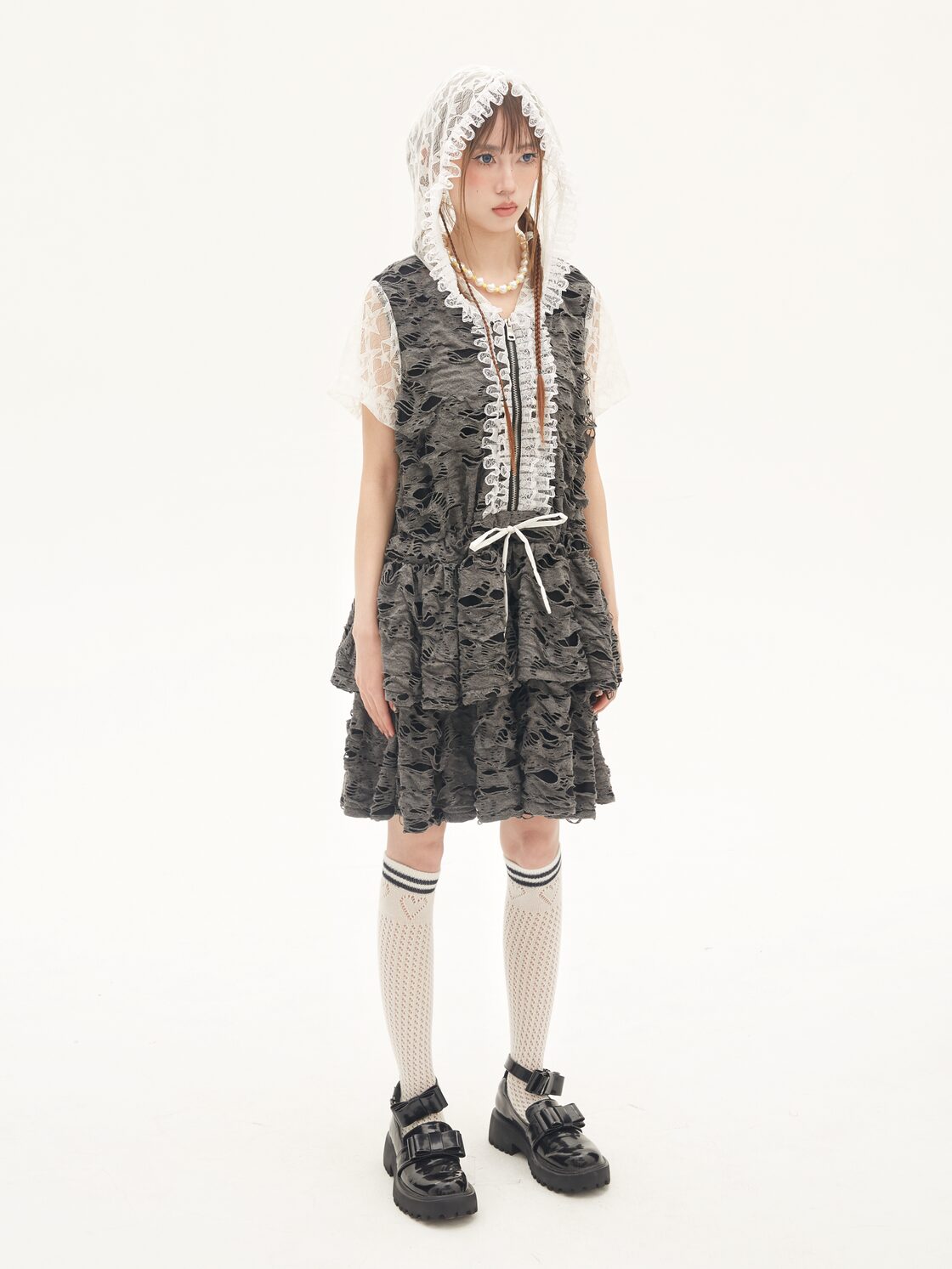MEME】Kawaii & Punk Black Lace Hoodie Dress | PAY ID
