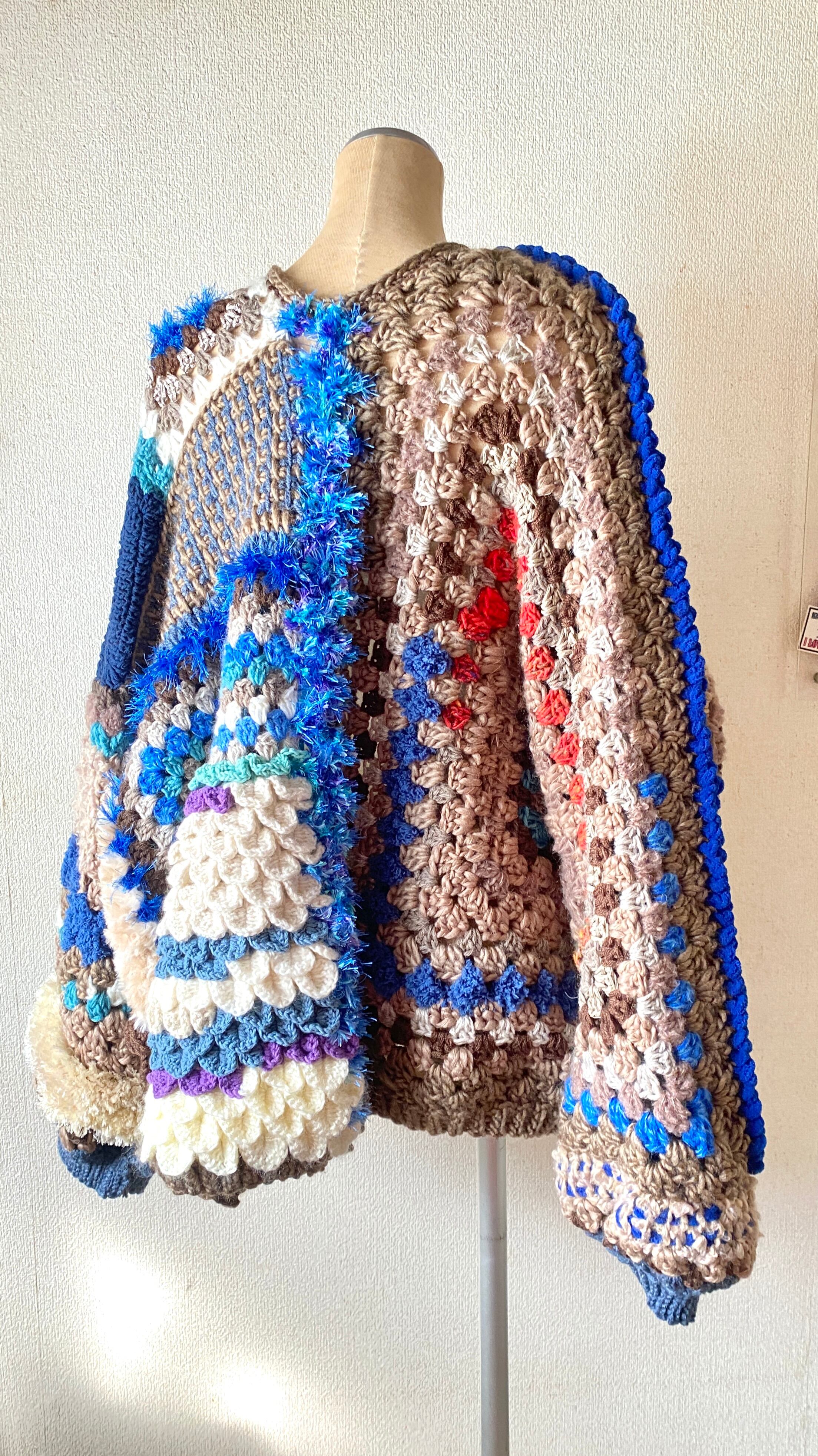 Crocheted granny hexagon and square motif asymmetrical cardigan
