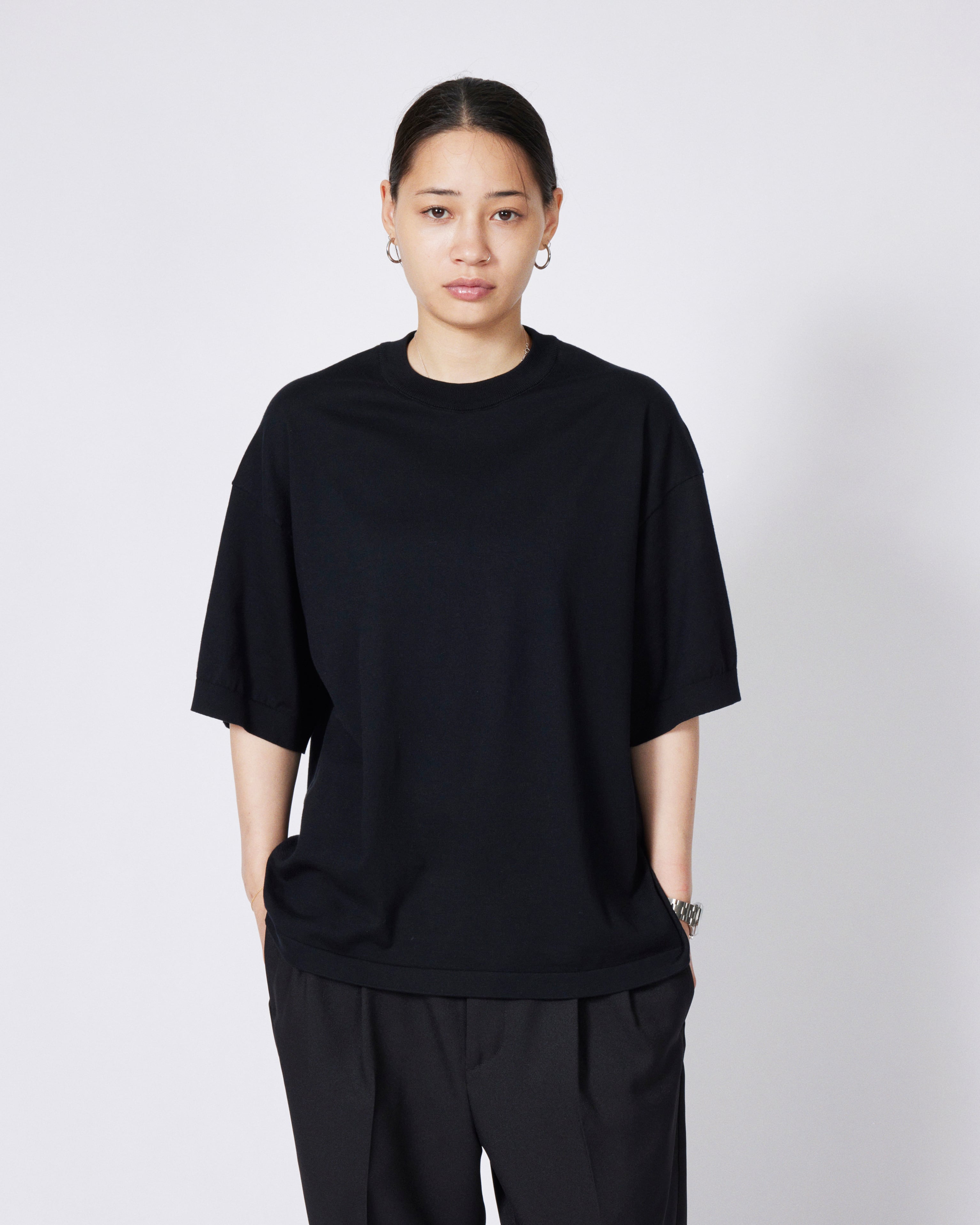 everyone cotton silk high-gauge knit short sleeve tee shirt (BLACK