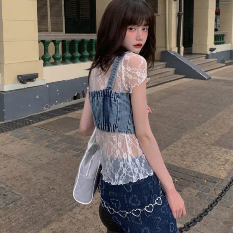 シアー感で涼し気に♪ フラワーレース シアー トップス 花柄 半袖