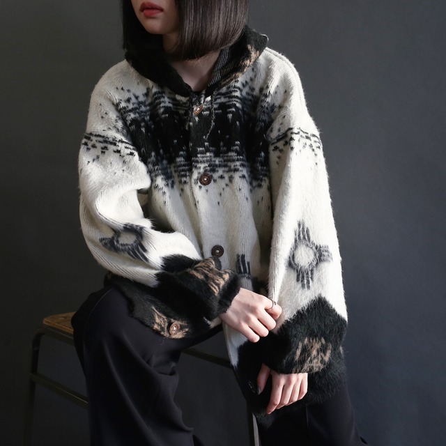 monotone pattern mohair hooded jacket
