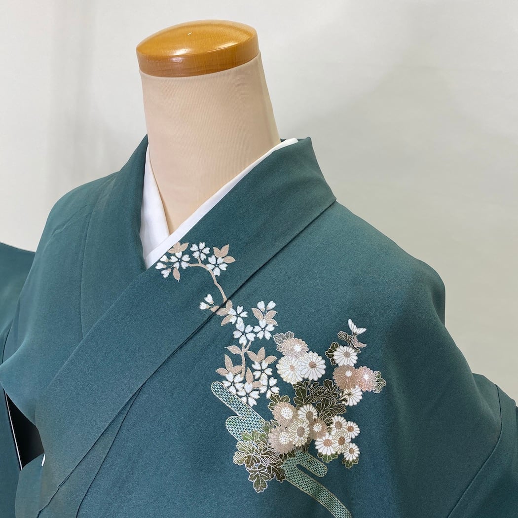訪問着 中古 古典柄 オシャレ 花柄 緑 エメラルドグリーン 裄丈66cm 