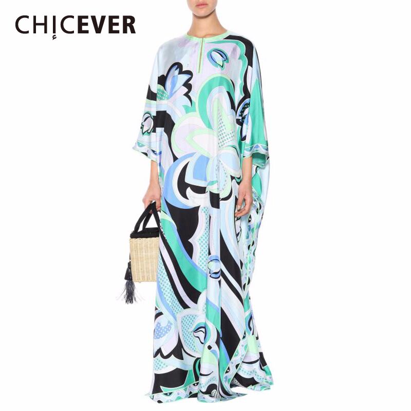 CHICEVERレディースドレスOネックバットウィングハーフスリーブプリントヒットカラールーズプラスサイズフロアレングスドレス 半袖 大きめサイズ 6base560805469235