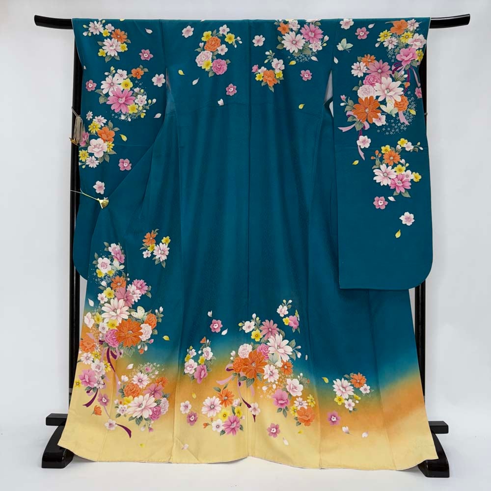 振袖 中古 緑 正絹 古典 裄69cm 身丈172cm 美品 L サイズ 成人式 4445