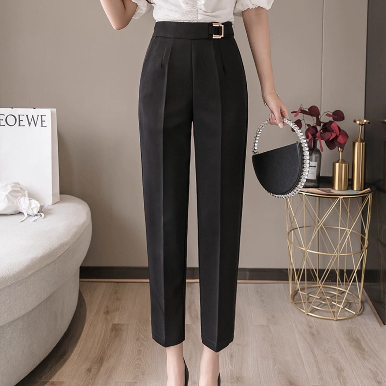 メタルバックル付き ハイウエスト クロップド9分丈 パンツ K1001