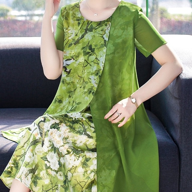 ワンピース レディース 送料無料 2色 シフォンワンピース ミセス アシンメトリーワンピース 半袖 フラワープリントワンピース おしゃれ エレガント 大人 クラシカル 花柄  スタイル 小顔見せ 着痩せ 体形カバー インスタ トレンド きれいめ フェミニン 大人かわいい ラウンドネック  母の日 プラスサイズ ラージサイズ 大きいサイズ XL 2XL 3XL 4XL 5XL イエロー グリーン ティアード シフォン シースルー  フレアスカート ドレープ とろみ感 ひざ丈