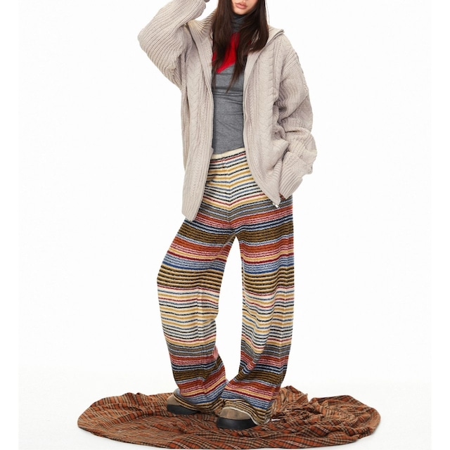 マルチボーダーリラックスワイドパンツ 2col R01290