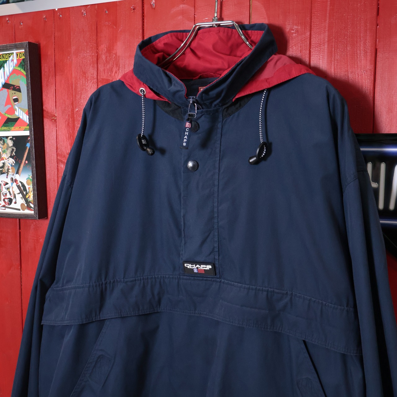 90s CHAPS RALPH LAUREN ナイロンアノラックパーカー ネイビー×レッド