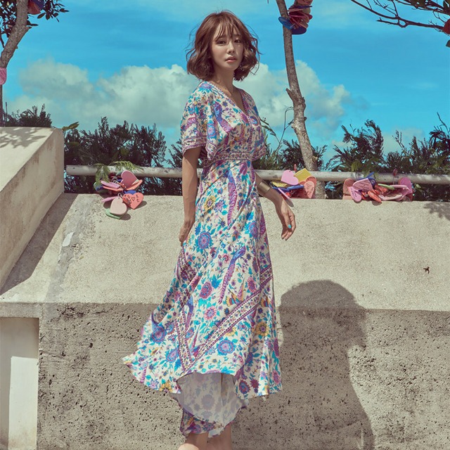 バックシャン エキゾチック リゾートワンピース 花柄 ワンピース フラワープリント リゾートファッション リゾートワンピ リゾートドレス ドレス ワンピース ロングワンピース フェミニン ガーリー エレガント カジュアル 韓国 オルチャン 韓国ファッション 新作 春夏 春